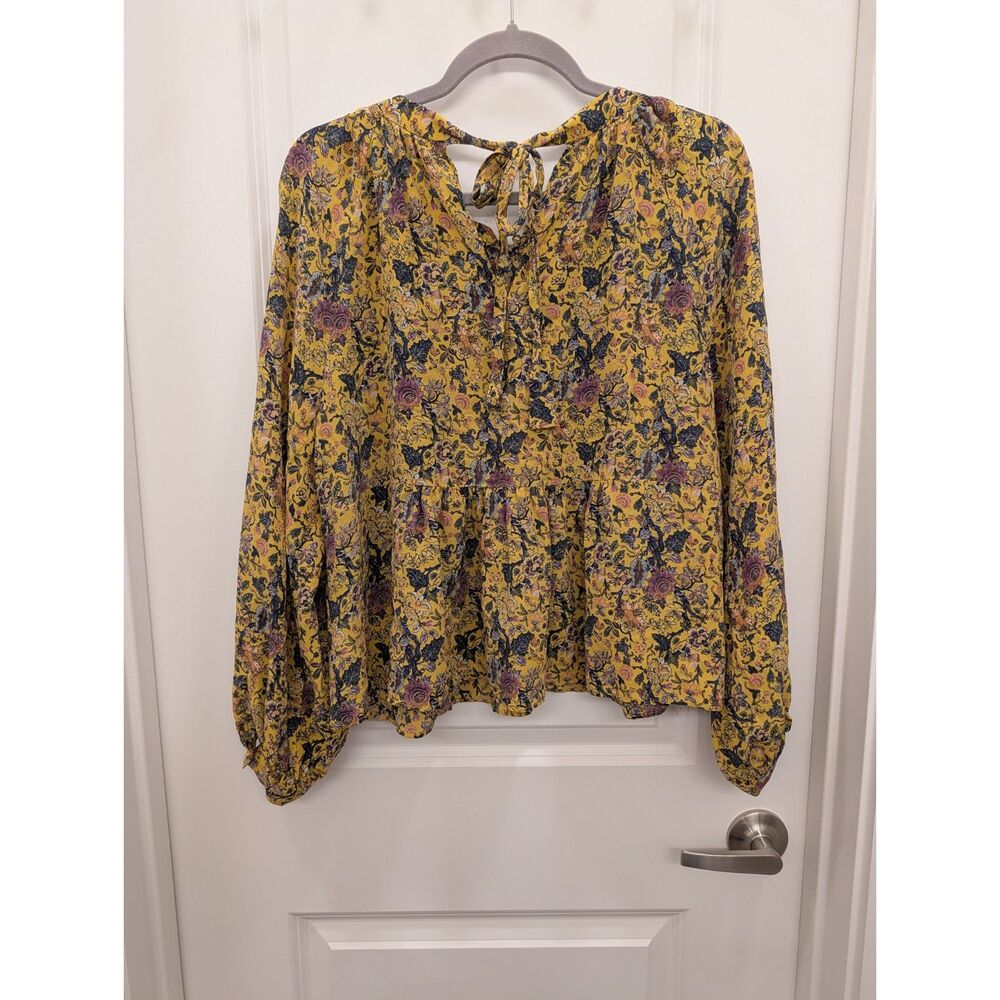 Madewell x Karen Walker Size L Yellow Floral Gennaker Blouse 100% Silk Tie Neck